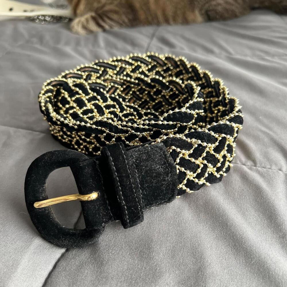 Faux Suede Black & Gold Beaded Belt - Y2K Style
